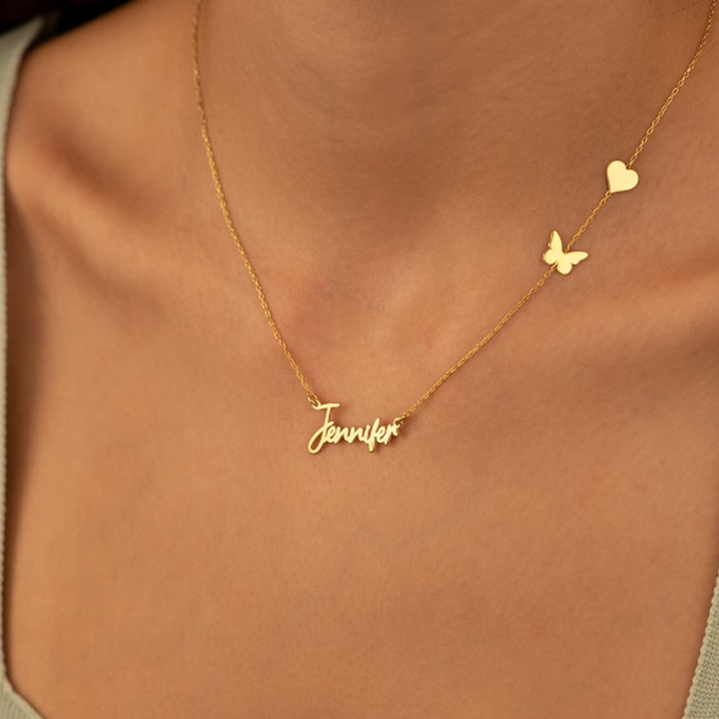 Birth Flower Necklace - شخصية مخصصة فراشة شكل قلب اسم